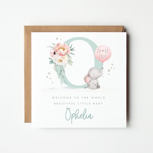 Personalised New Baby Card, Baby Elephant and Pink Balloon Card, New Baby Girl Card, New Grandparents Card, Welcome to the World Card