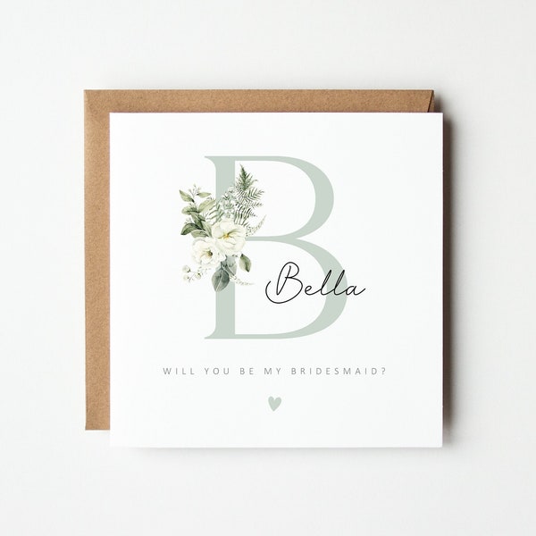 Personalised Will you be my Bridesmaid Card, Maid Of Honour, Flower Girl, Matron Of Honour Card, Bridesmaid Proposal Card, Grey Green