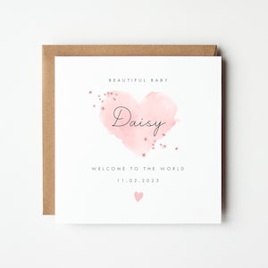 Personalised New Baby Card, Watercolour Heart Baby Card, Welcome to the World Card, Colour Options, Baby Boy, Baby Girl