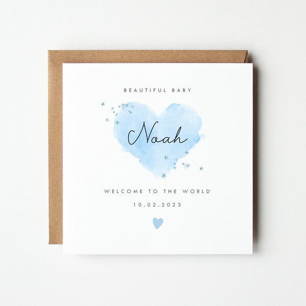 Personalised New Baby Card, Watercolour Heart Baby Card, Welcome to the World Card, Colour Options, Baby Boy, Baby Girl