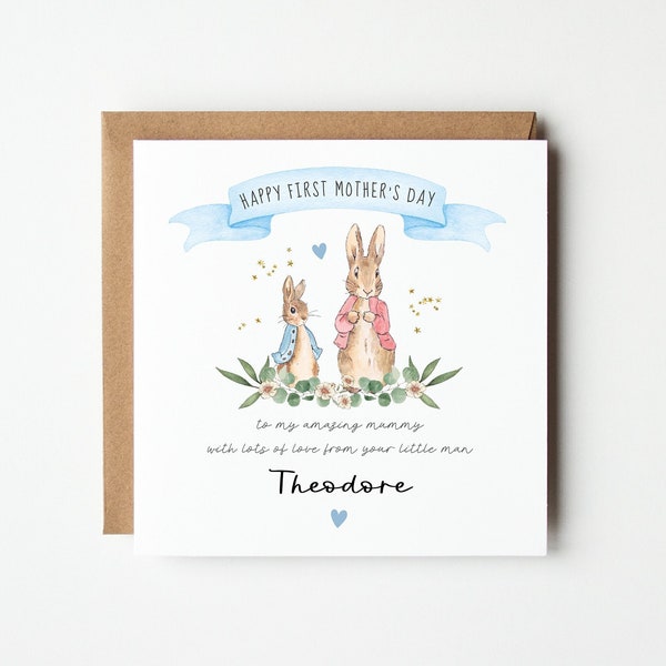 Personalised Peter Rabbit Happy First Mother’s Day Card, Flopsy Bunny First Mothers Day Card, 1st Mother’s Day Card, Add Your Own Message