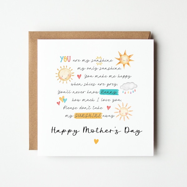 Personalised You are my Sunshine Mothers Day Card, My Only Sunshine Mothers Day Card, Nan Nanny Nana Grandma Gran Granny Mothers Day Card