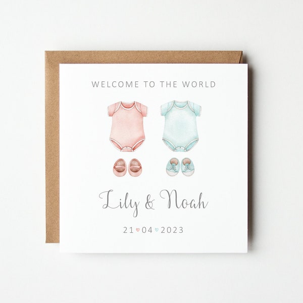 Personalised New Baby Twins Card, Personalised Baby Bodysuit and Booties, Welcome to the World Card, Colour Options