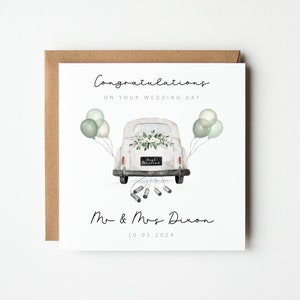 Personalised Wedding Card, Personalised Just Married Wedding Card, Personalised Wedding Car Wedding Card, Cute Car Wedding Card Pink Green