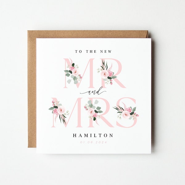 Personalised Mr & Mrs Wedding Card, Pink Roses Wedding Card, Monogram Wedding Card, To the New Mr and Mrs Card, Pink Wedding Card