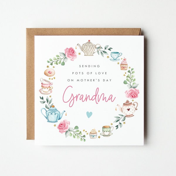 Personalised Mother's Day Card, Sending Pots of Love, Grandma, Nan, Gran, Granny, Nanny, Great Granny, Aunty, Tea Pot Mothers Day Card
