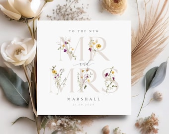 Personalised Mr & Mrs Wedding Card, Wildflower Wedding Card, Monogram Wedding Card, To the New Mr and Mrs Card,