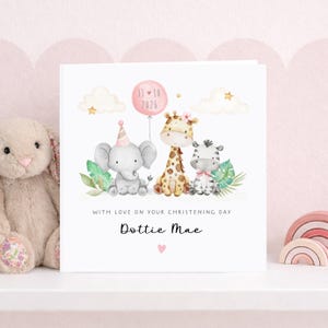Personalised Safari Christening Card, Cute Animal Baptism Card for Baby Boy or Girl, Custom Dedication Day Card