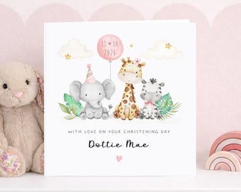 Personalised Safari Christening Card, Cute Animal Baptism Card for Baby Boy or Girl, Custom Dedication Day Card