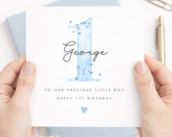 Personalised 1st Birthday Card for boy or girl, Watercolour Number One Pink or Blue, Any Age or Relation