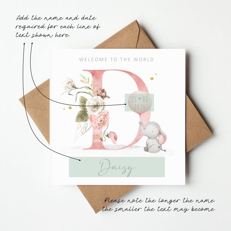 Personalised baby girl card instructions showing custom name and date placement, floral elephant newborn card, editable baby girl greeting card