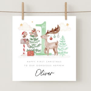 Personalised Baby’s First Christmas Card, Cute Reindeer Woodland Design, Daughter Son Granddaughter Grandson Niece Nephew 1st Xmas Card