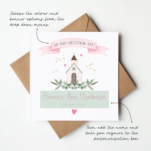 Personalised christening card featuring a cute little chapel church illustration with floral greenery design. Suitable for a christening, baptism, dedication or thanksgiving service, it makes a perfect Christening keepsake  with custom name and date. Soft watercolour design printed on quality 300gsm lightly textured cardstock, measures 148 x 148mm and is supplied with a blank recycled kraft envelope.