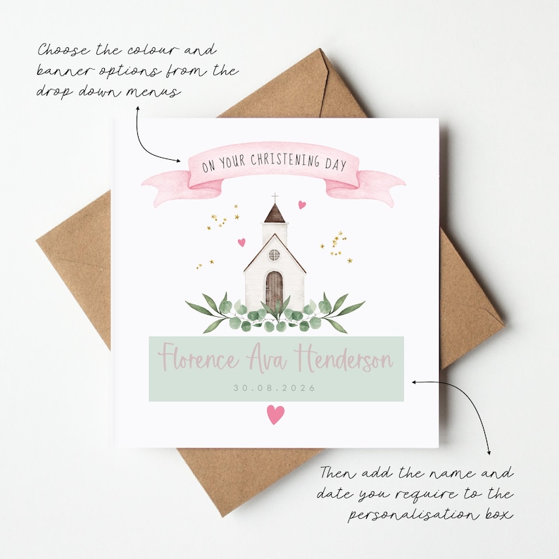 Personalised christening card featuring a cute little chapel church illustration with floral greenery design. Suitable for a christening, baptism, dedication or thanksgiving service, it makes a perfect Christening keepsake  with custom name and date. Soft watercolour design printed on quality 300gsm lightly textured cardstock, measures 148 x 148mm and is supplied with a blank recycled kraft envelope.