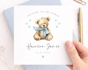 Personalised New Baby Card, Teddy Bear Baby Boy or Girl Card, Custom Newborn Card with Name Date, Welcome to the World Baby Card Keepsake