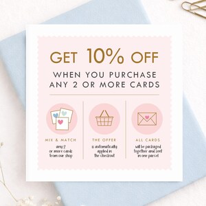 Etsy shop promotional card featuring 10 percent off when buying 2 or more greeting cards, pastel blue stationery background, handwritten typography and combined shipping savings notice.