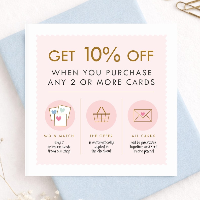 Etsy shop promotional card featuring 10 percent off when buying 2 or more greeting cards, pastel blue stationery background, handwritten typography and combined shipping savings notice.