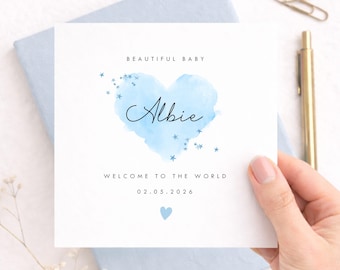 Personalised New Baby Card, Watercolour Heart , Welcome to the World Gift