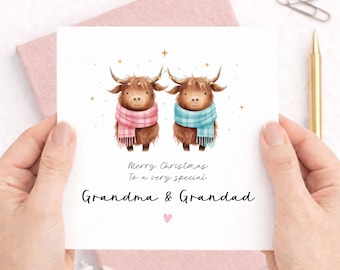 Personalised Grandparents Christmas Card with Highland Cows, Xmas Card for Grandma Grandad, Nan Grandpa