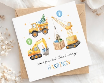 Personalised 1st Birthday Card for boys, Diggers Construction Trucks, Custom Name Age Card