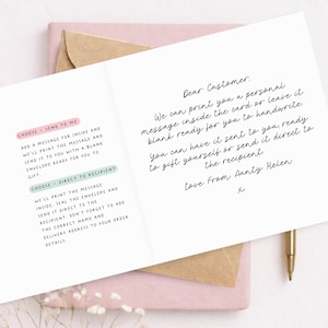 Open greeting card showing custom printed message option for Etsy orders, with handwritten sample text, kraft envelope and instructions for direct-to-recipient delivery.