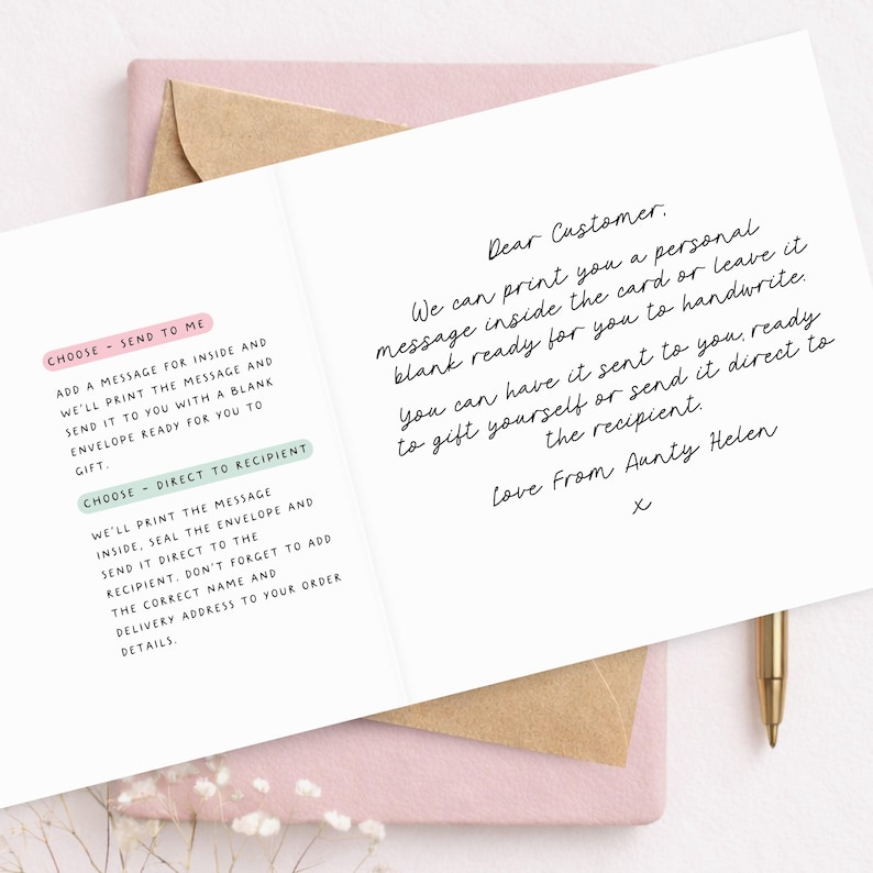 Open greeting card showing custom printed message option for Etsy orders, with handwritten sample text, kraft envelope and instructions for direct-to-recipient delivery.