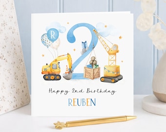 Personalised 2nd Birthday Card for boys, Digger Construction, Custom Name Card