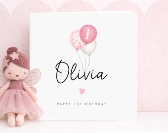 Personalised Birthday Card, Girls, Boys, Any Age Birthday, Watercolour Balloons Pink Blue Green, 1st 2nd 3rd 4th 5th 6th 7th 8th 9th 10th