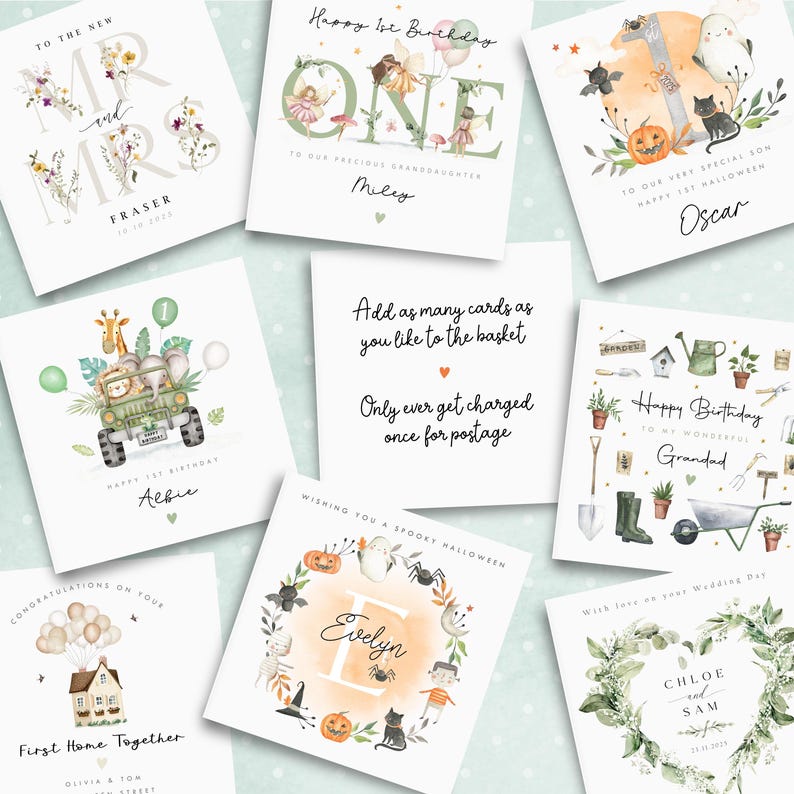 Personalised first Halloween card for baby featuring cute illustrations of pumpkin, ghost, spider, bat, mummy, black cat, and Frankenstein character in autumn colours. Includes custom relation and name with the message ‘Happy First Halloween' Perfect keepsake card for son, daughter, grandson, granddaughter, niece, or nephew celebrating their first spooky season. Printed on quality 300gsm lightly textured cardstock, measures 148 x 148mm and is supplied with a blank recycled kraft envelope.