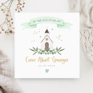 Personalised christening card featuring a cute little chapel church illustration with floral greenery design. Suitable for a christening, baptism, dedication or thanksgiving service, it makes a perfect Christening keepsake  with custom name and date. Soft watercolour design printed on quality 300gsm lightly textured cardstock, measures 148 x 148mm and is supplied with a blank recycled kraft envelope.