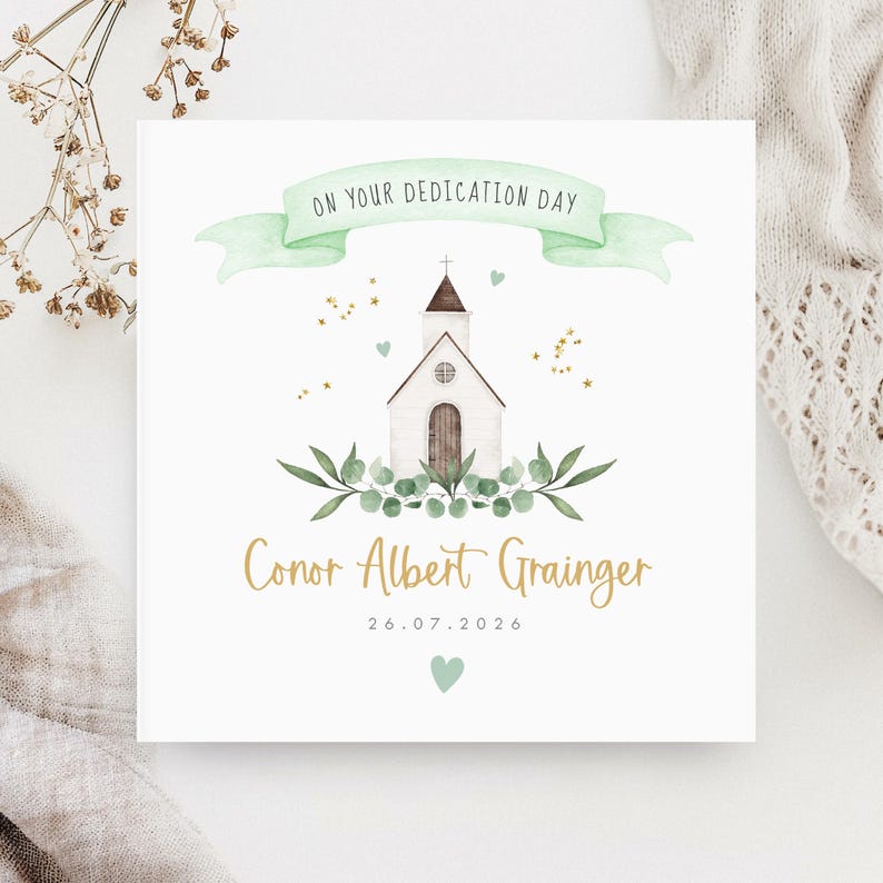 Personalised christening card featuring a cute little chapel church illustration with floral greenery design. Suitable for a christening, baptism, dedication or thanksgiving service, it makes a perfect Christening keepsake  with custom name and date. Soft watercolour design printed on quality 300gsm lightly textured cardstock, measures 148 x 148mm and is supplied with a blank recycled kraft envelope.