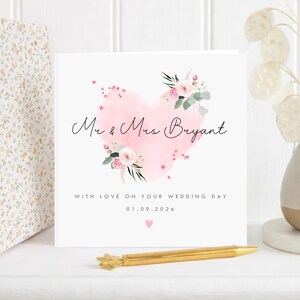 Personalised Wedding Card, Floral Heart Newlywed Gift, Romantic Bride Groom Card