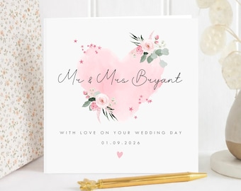 Personalised Wedding Card, Floral Heart Newlywed Gift, Romantic Bride Groom Card