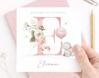 Personalised New Baby Girl Card, Floral Elephant Newborn Card, Welcome To The World Card, Custom Name & Date