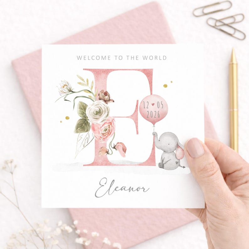 Personalised baby girl card with floral letter, elephant illustration, custom newborn name and date, pink welcome to the world card for baby girl