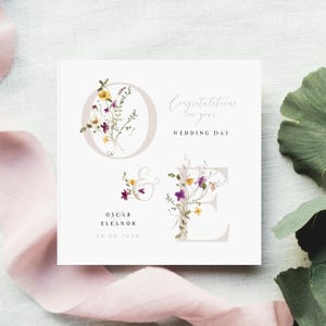 Personalised Wedding Card Initials, Custom Monogram Wedding Card, Wildflower Wedding Keepsake, Neutral Boho Newlywed Gift
