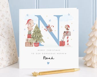 Personalised Christmas Card for Son, Grandson or Nephew – Blue Initial and Watercolour Rabbit Santa
