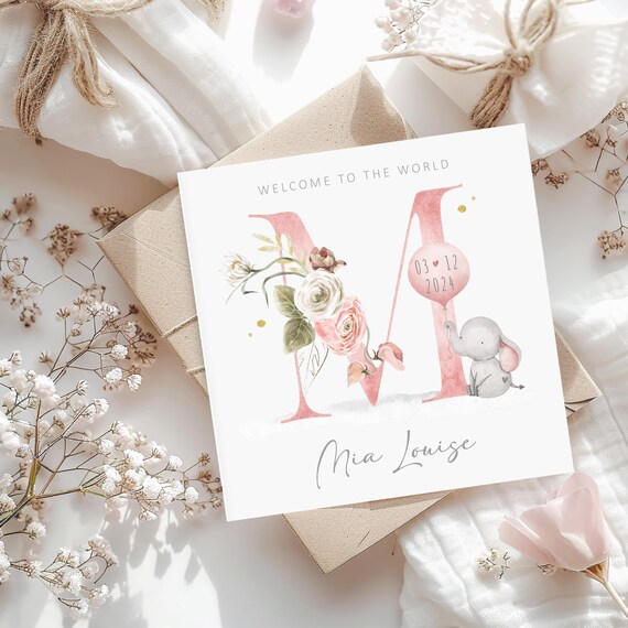 Personalised New Baby Card Personalised Baby Elephant and Pink Balloon Card with Initial, Welcome to the World Card, New Baby Girl Card