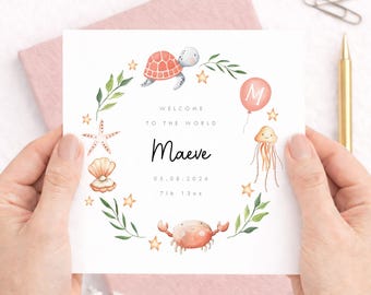 Personalised New Baby Card, Welcome to the World Ocean Under The Sea, Custom Baby Girl Card