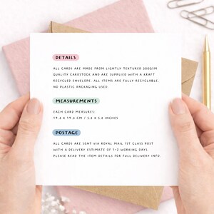 Greeting card details and measurements shown on a minimalist card held in hands, explaining 300gsm lightly textured cardstock, recycled kraft envelope, plastic-free packaging, and card size 148mm x 148mm (approx. 6x6 inches).