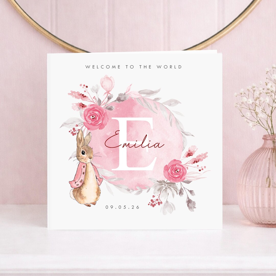 Personalised New Baby Card, Peter Rabbit Welcome to the World, Flopsy ...