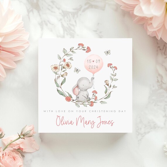 Personalised Christening Card, Baptism Card, Naming Day Card, Grandson Granddaughter Son Daughter Nephew Niece Godson Goddaughter, Elephant