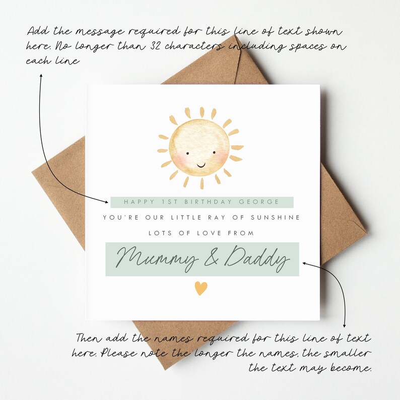Personalised little ray of sunshine birthday card showing how to add the child's name, birthday age and sender names, available as a 1st, 2nd or 3rd birthday card for boys and girls with a cute watercolour sun design.