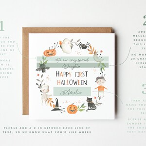 Personalised first Halloween card for baby featuring cute illustrations of pumpkin, ghost, spider, bat, mummy, black cat, and Frankenstein character in autumn colours. Includes custom relation and name with the message ‘Happy First Halloween' Perfect keepsake card for son, daughter, grandson, granddaughter, niece, or nephew celebrating their first spooky season. Printed on quality 300gsm lightly textured cardstock, measures 148 x 148mm and is supplied with a blank recycled kraft envelope.