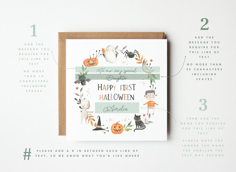 Personalised first Halloween card for baby featuring cute illustrations of pumpkin, ghost, spider, bat, mummy, black cat, and Frankenstein character in autumn colours. Includes custom relation and name with the message ‘Happy First Halloween' Perfect keepsake card for son, daughter, grandson, granddaughter, niece, or nephew celebrating their first spooky season. Printed on quality 300gsm lightly textured cardstock, measures 148 x 148mm and is supplied with a blank recycled kraft envelope.