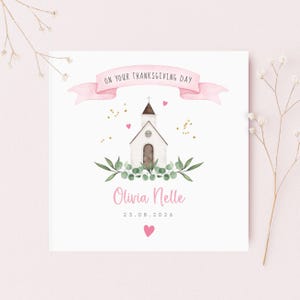 Personalised christening card featuring a cute little chapel church illustration with floral greenery design. Suitable for a christening, baptism, dedication or thanksgiving service, it makes a perfect Christening keepsake  with custom name and date. Soft watercolour design printed on quality 300gsm lightly textured cardstock, measures 148 x 148mm and is supplied with a blank recycled kraft envelope.