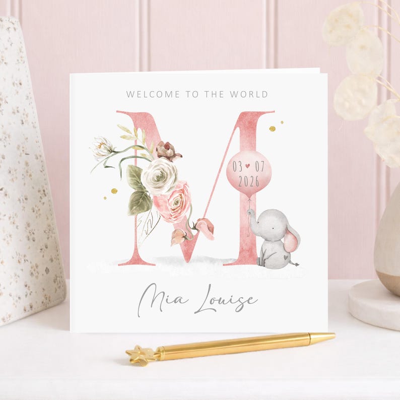 Custom baby girl greeting card with floral letter, elephant holding balloon with birth date, personalised newborn girl card pink theme