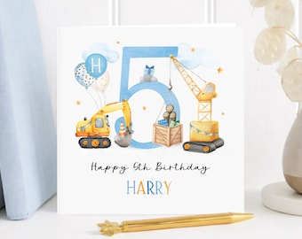 Personalised 5th Birthday Card for boys, Digger Construction, Custom Name Card