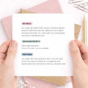 Greeting card details and measurements shown on a minimalist card held in hands, explaining 300gsm lightly textured cardstock, recycled kraft envelope, plastic-free packaging, and card size 148mm x 148mm (approx. 6x6 inches).