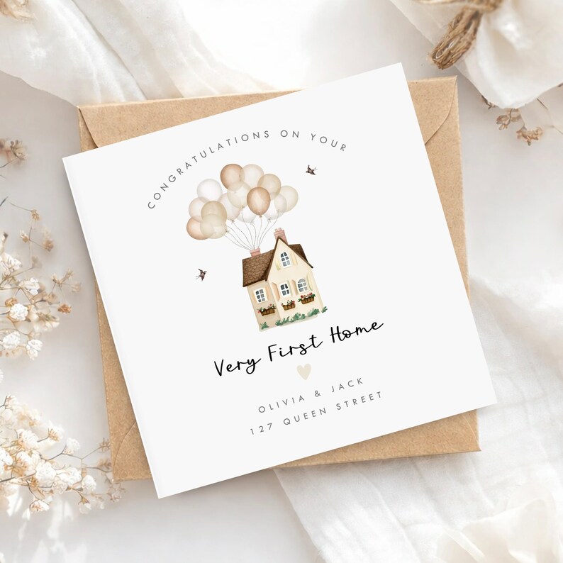 Celebrate a special move with this personalised new home card featuring a cute pink version of the Disney Up house. A thoughtful housewarming greeting card perfect for congratulating friends, family, or new homeowners on their first home together. This beautiful keepsake card can be customised with names and address details, creating a meaningful reminder of a brand new chapter.